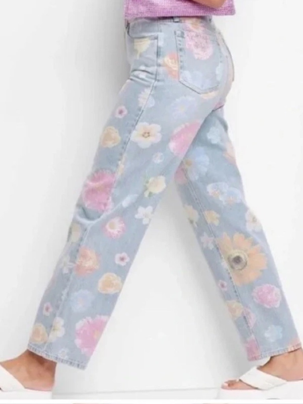 wild fable High-Rise Floral Jeans in Light Blue with Pink & Yellow Flowers